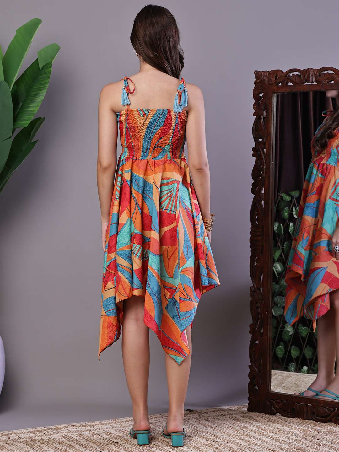 Women's Multicolor Printed Cotton Handkerchief Hem Dress Midi Dresses - Image 2