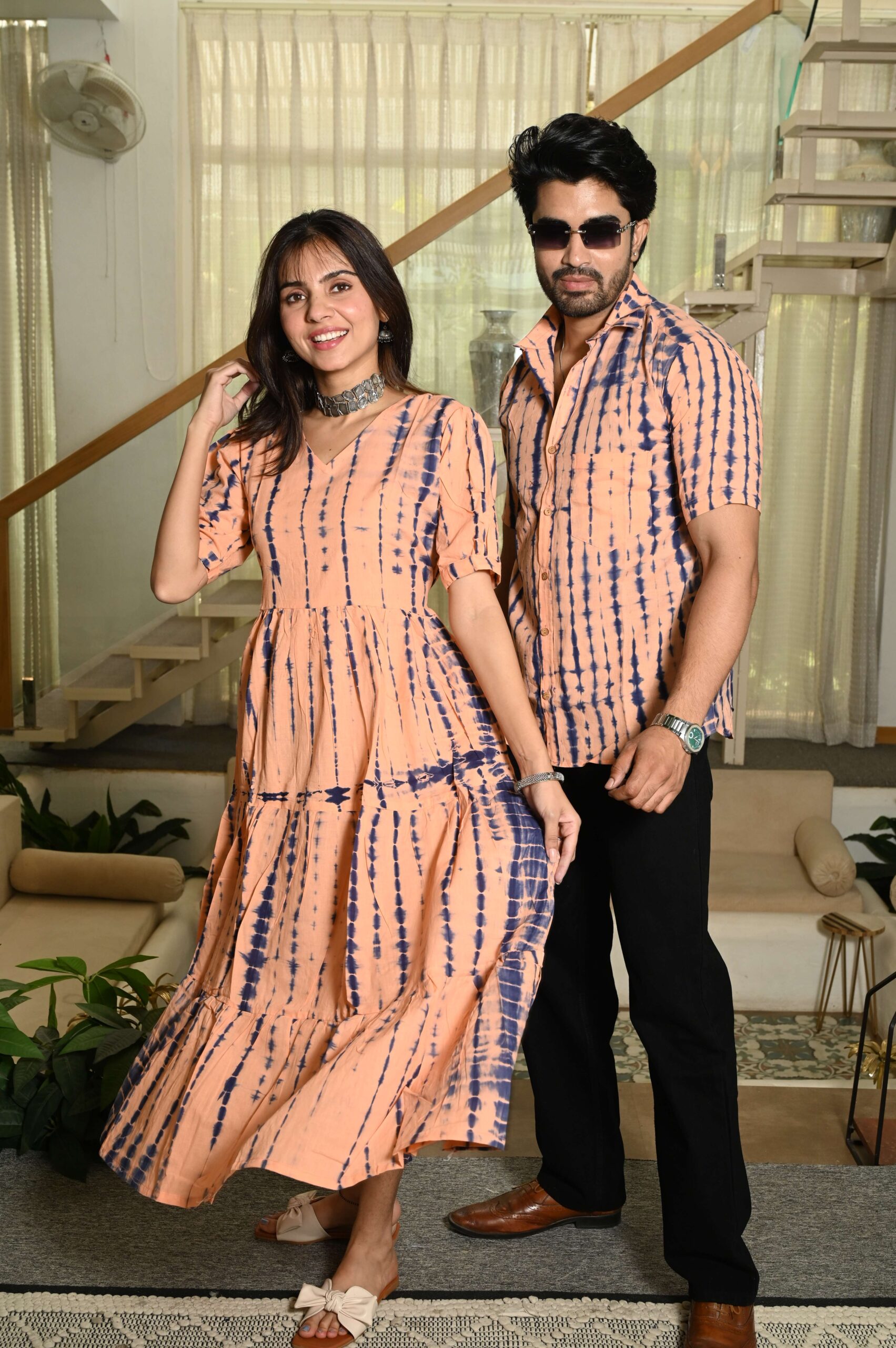 Couple Matching Peach Printed Cotton Anarkali Midi Dress & Shirt Set ? Summer Casual Wear - Image 3