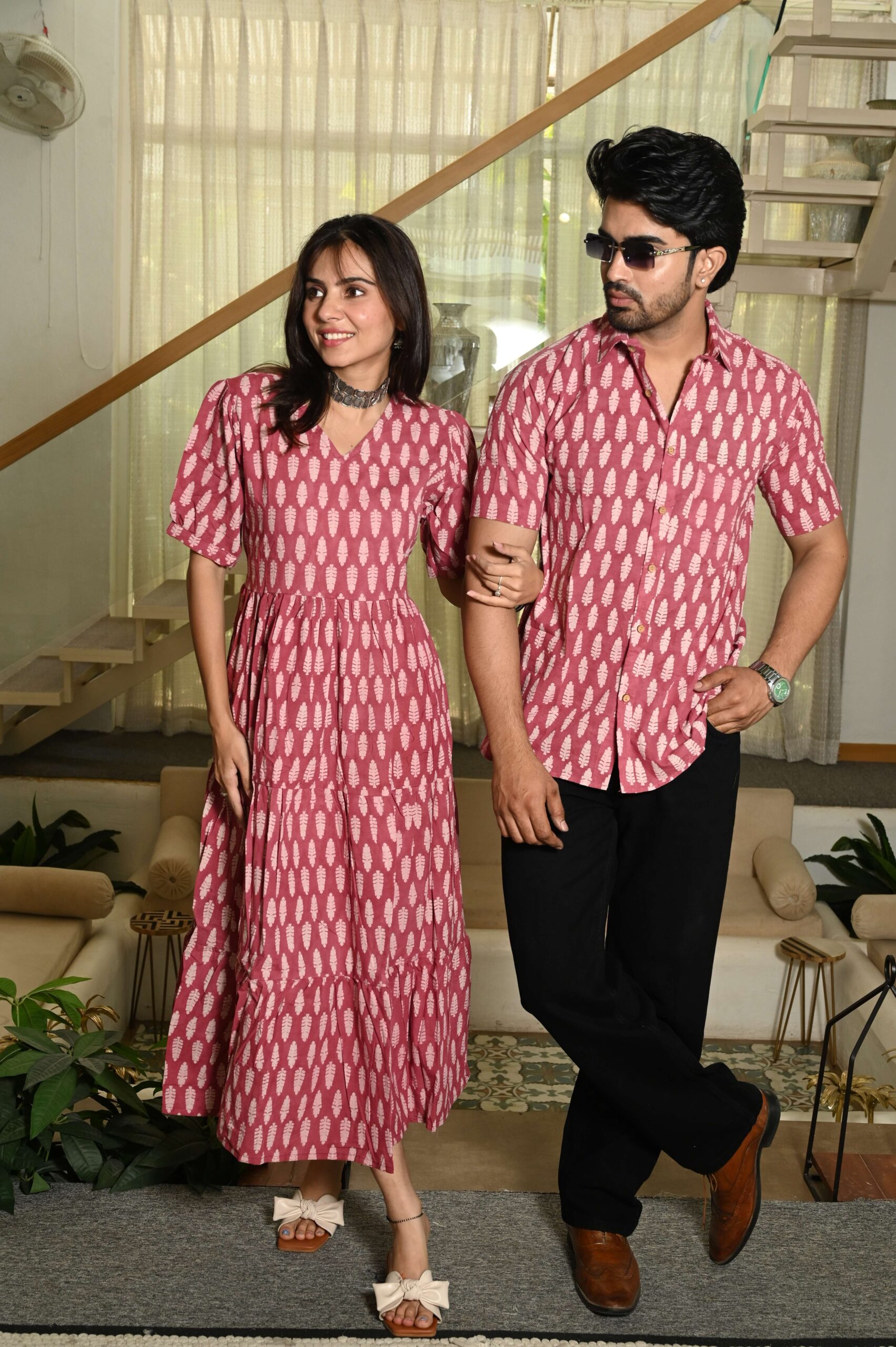 Couple Matching Pink Cotton Anarkali Midi Dress and Shirt Set ? White Handblock Leaf Print - Image 3