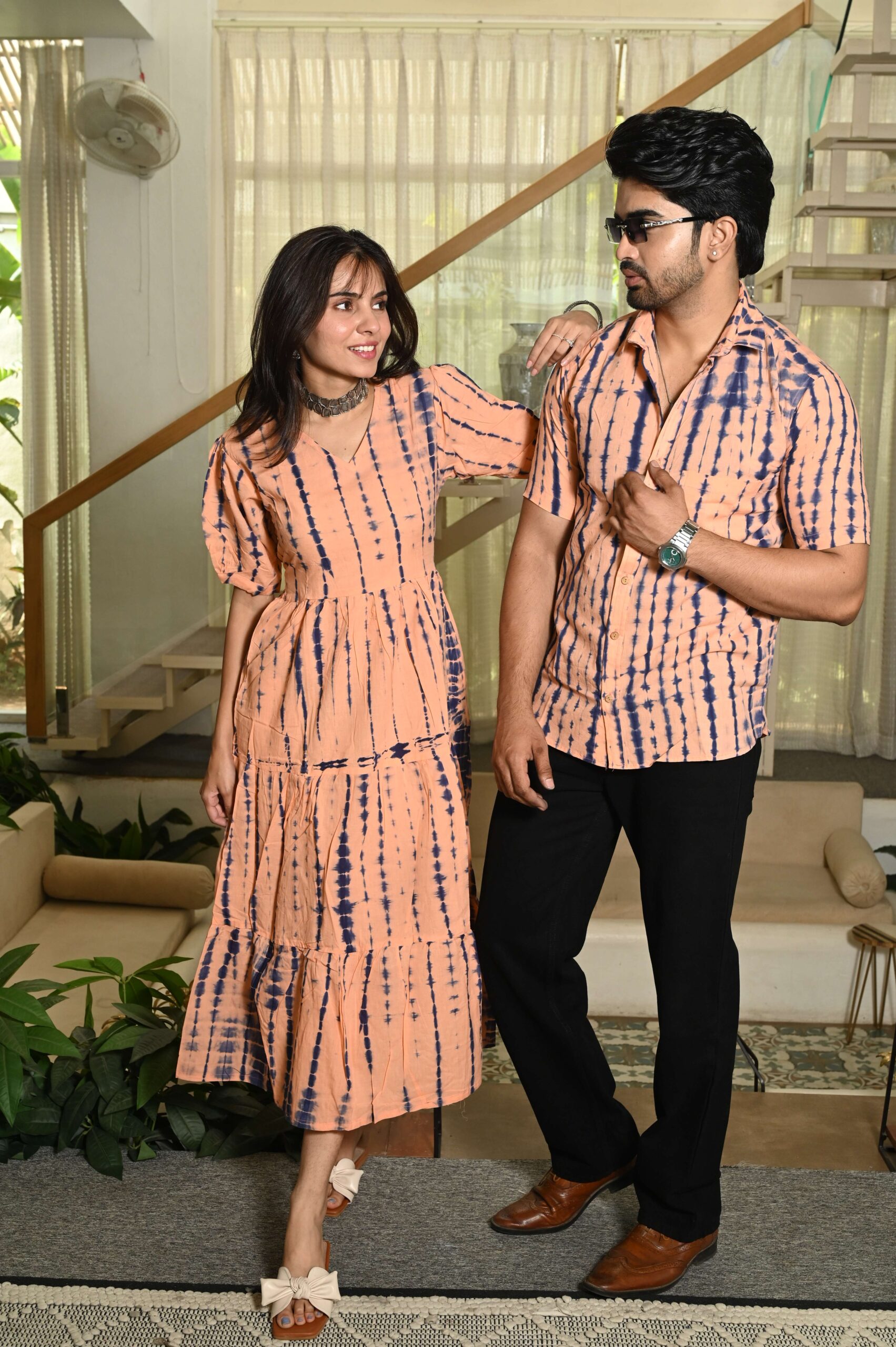 Couple Matching Peach Printed Cotton Anarkali Midi Dress & Shirt Set ? Summer Casual Wear - Image 2
