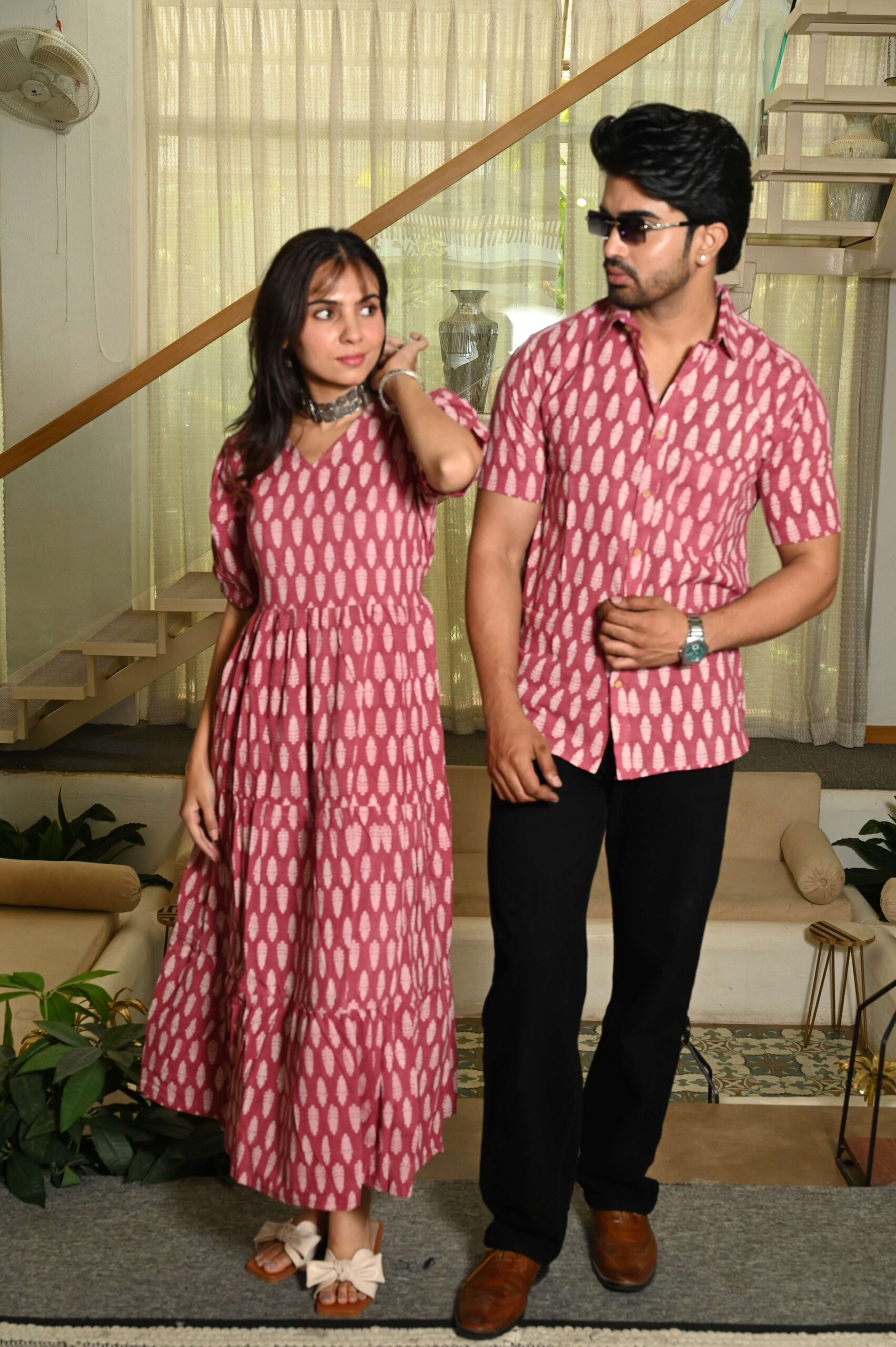 Couple Matching Pink Cotton Anarkali Midi Dress and Shirt Set ? White Handblock Leaf Print - Image 2