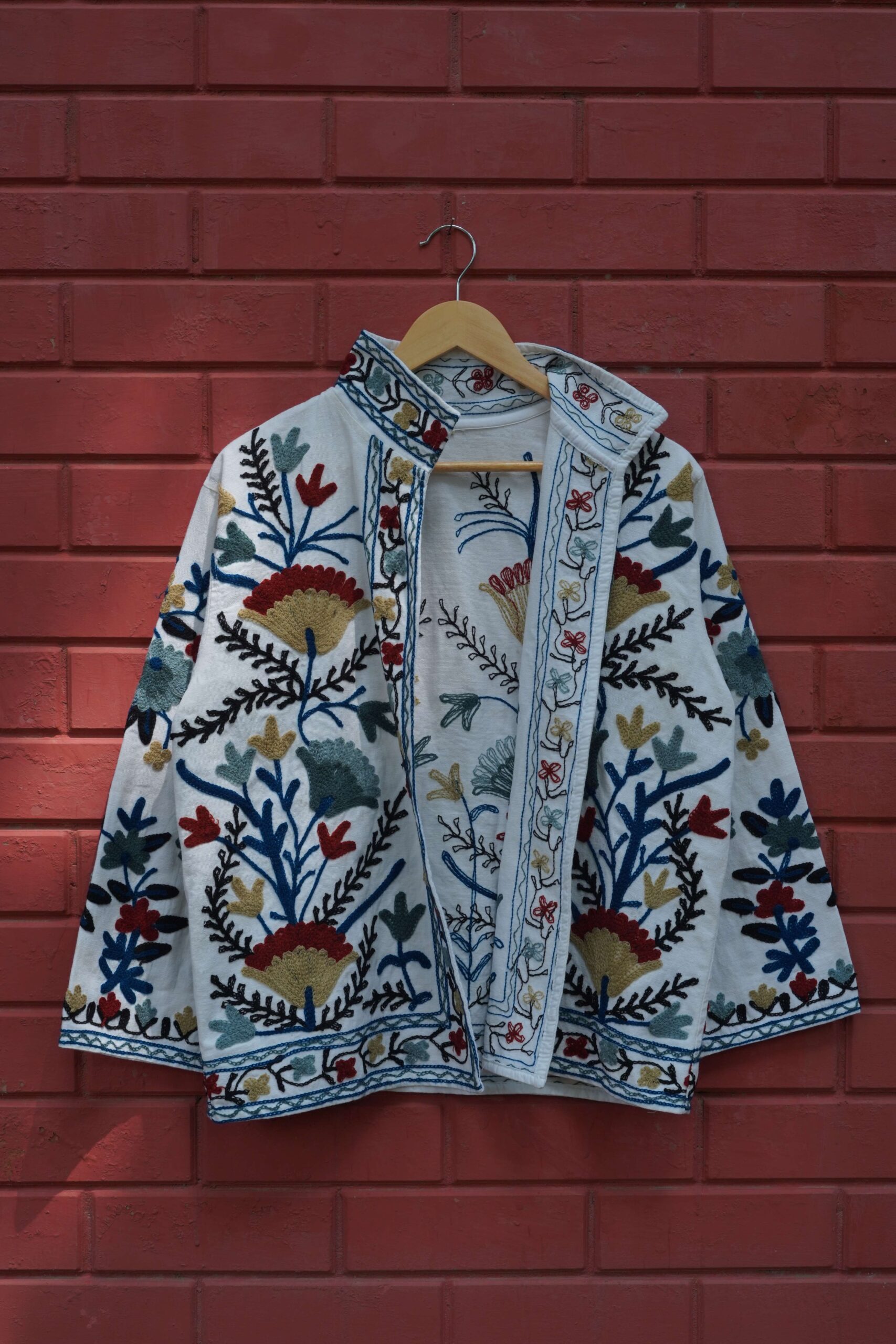 Womens White Velvet Embroidered Jacket with Floral Design - Image 4