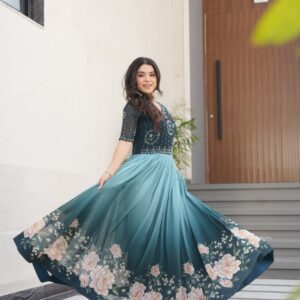 Women's Elegant Teal & Aqua Ombre Gown with Floral Printed Flair & Embellished Bodice β Perfect for Summer Festivities & Parties