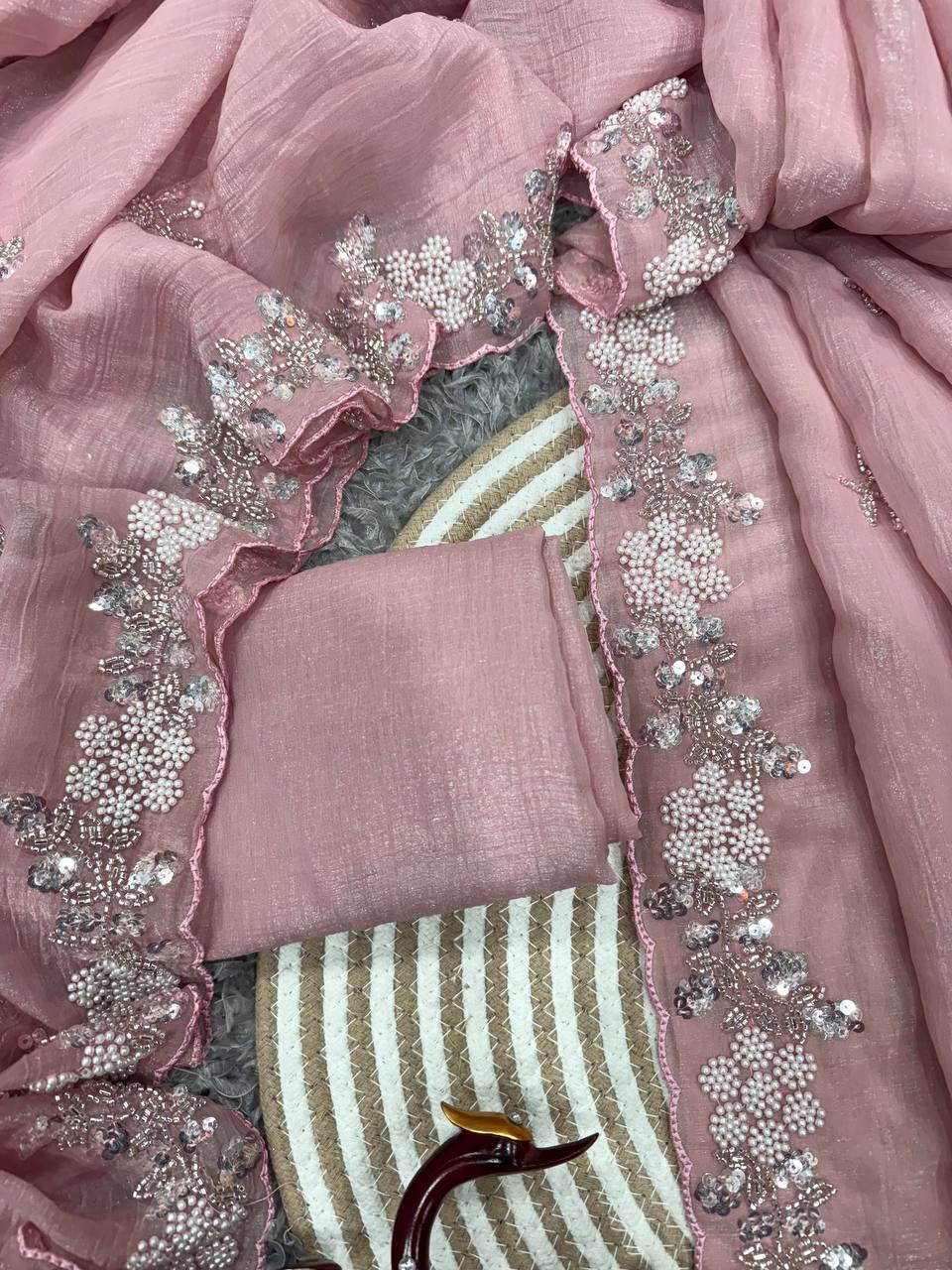 Women's Soft Pink Organza Saree with Delicate Pearl & Sequin Floral Embroidery – Lightweight Sheer Drape for Festive, Wedding & Party Wear - Image 4