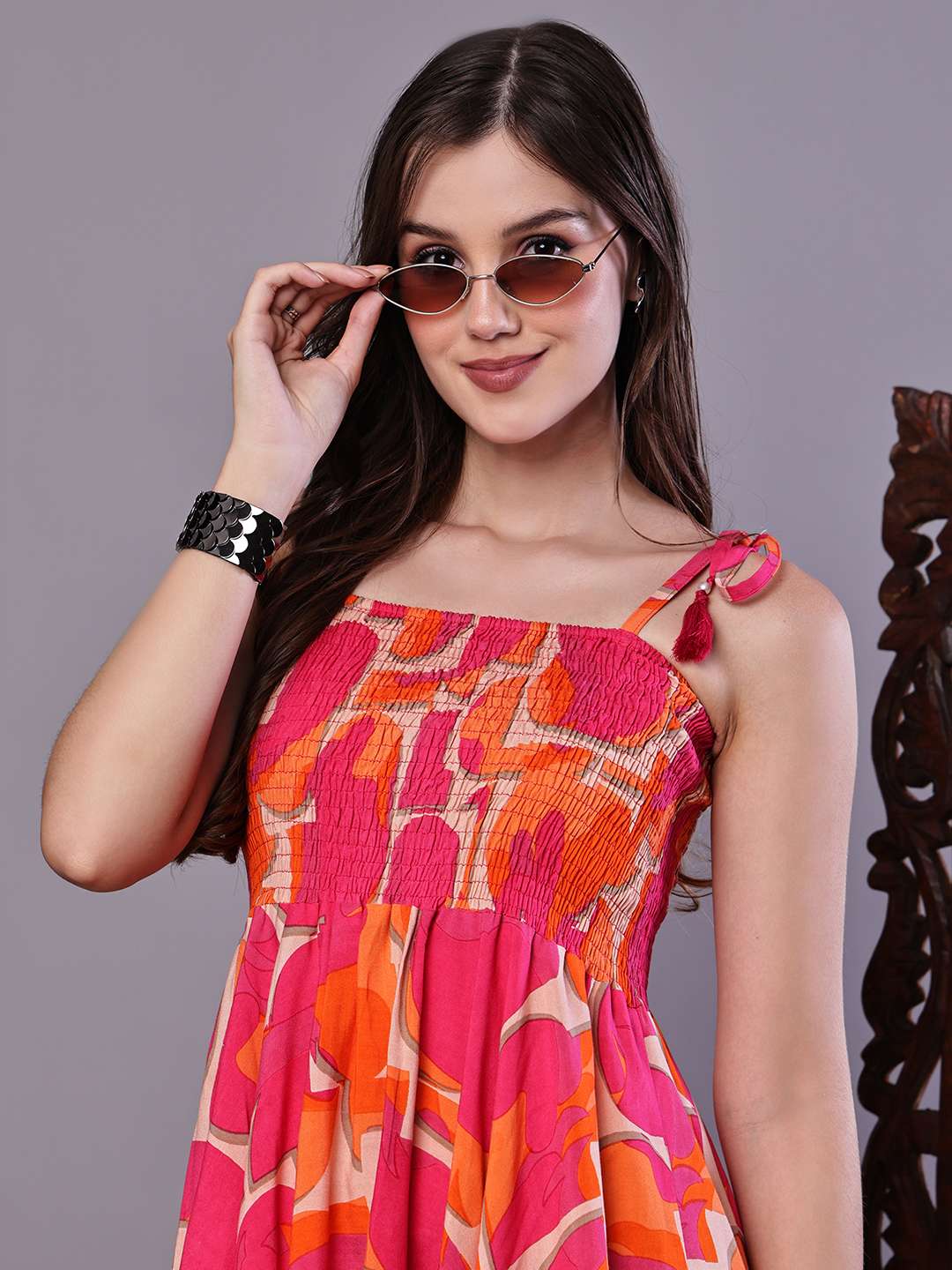 Women's Orange & Pink Printed Cotton Handkerchief Hem Dress Midi Dresses - Image 4
