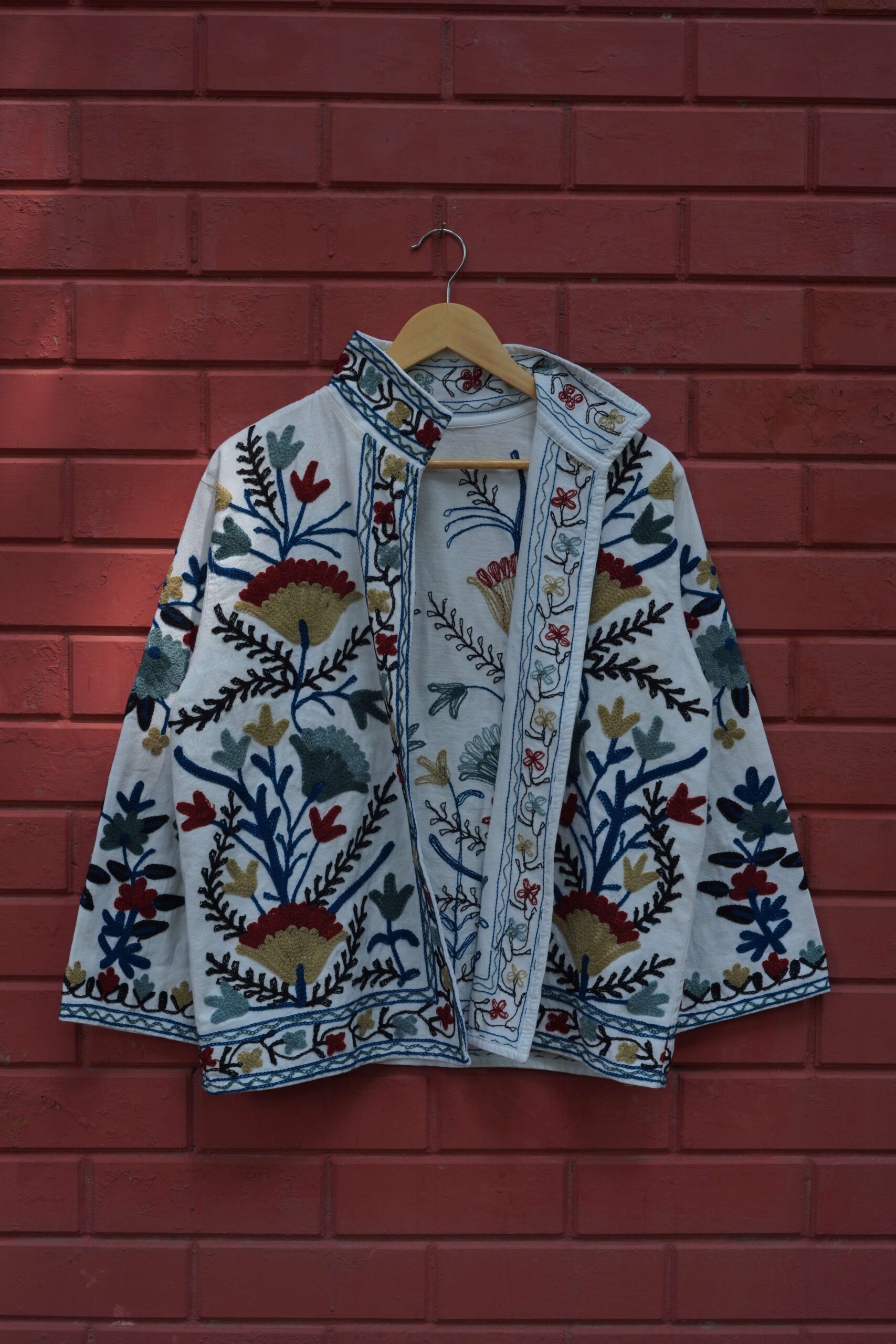 Womens White Velvet Embroidered Jacket with Floral Design - Image 3